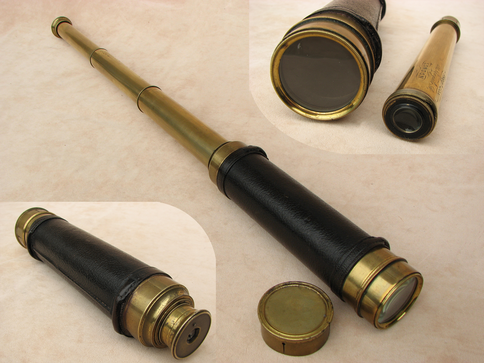 Frederick Cox mid 19th century 3 draw leather clad marine telescope.
